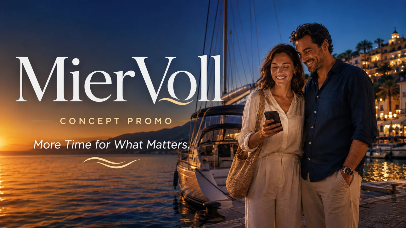 MierVoll concept promo title beside a couple at a marina during sunset.
