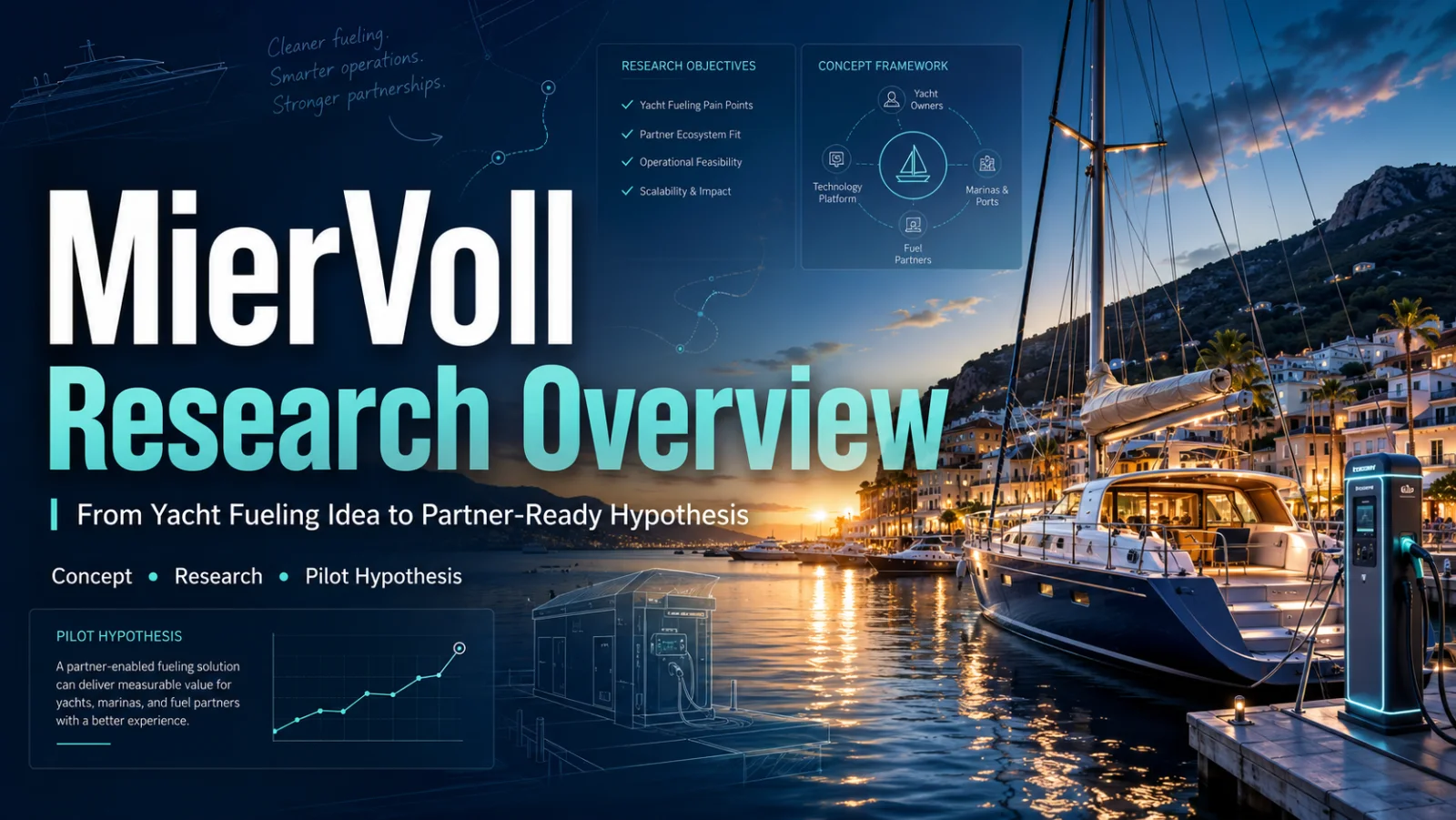 MierVoll research overview title over a marina scene with research and pilot motifs.