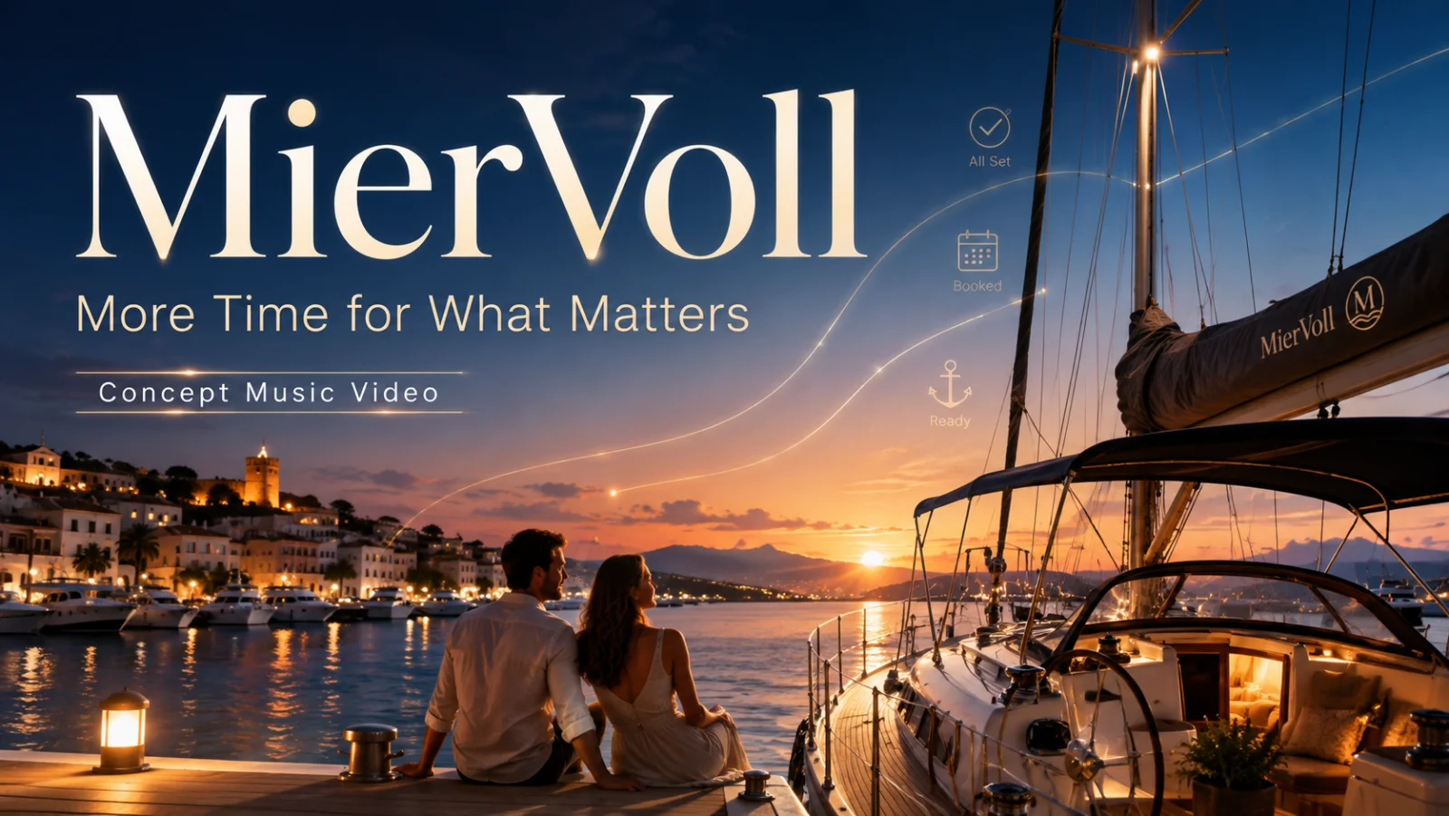 A couple sitting beside a yacht at sunset under the words MierVoll — More Time for What Matters.